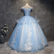 Glam Blue Ball Gown Tulle with Lace and Flowers Sweet 16 Dress, Blue Formal Dress