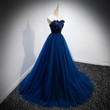Navy Blue Velvet Top and Tulle Long Formal Dress, Blue Sweetheart Prom Dress
