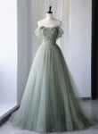 Light Green Tulle Off Shoulder Long Prom Dresses, Green Sweetheart Party Dress