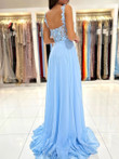 Light Blue Chiffon Long Party Dress with Lace, Sweetheart Blue Prom Dress