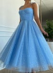 Lovely Tulle Shiny Tulle Straps Sweetheart Prom Dress, Blue Formal Dress