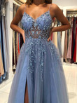 Blue V Neck Open Back Beaded Long Prom Dress, High Slit Party Dress