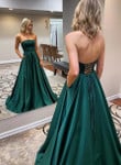 Dark Green Satin Lace-up Back Long Party Dress, A-line Green Formal Dress