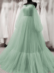 Light Green Puffy Sleeves Tulle Long Party Dress, Green Evening Dress