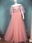 Lovely Pink Tulle Off Shoulder Sleeves Party Dress, A-line Pink Long Formal Dress