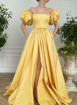 Light Yellow Satin Off Shoulder Long Party Dress, Long Prom Dress with Leg Slit
