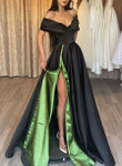 Black and Green Satin Off Shoulder Party Dress, Satin Long Formal Dress
