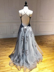 Dark Grey Halter Backless Tulle with Lace Party Dress, A-line Grey Formal Dress