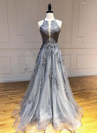 Dark Grey Halter Backless Tulle with Lace Party Dress, A-line Grey Formal Dress