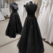 Black Tulle Floor Length Long Party Dress with Slit, Black Evening Dresses