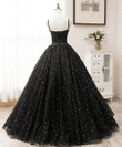 Black Sweetheart Straps Tulle Long Evening Gown, Sleeveless Floor-Length Prom Dresses