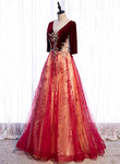 Wine Red Velvet 1/2 Sleeves Long Party Dress with Lace, A-line Junior Prom Dress