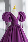 Purple V-Neck Satin Long Prom Dress, A-Line Puff Sleeves Party Dress