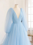 Blue Puffy Sleeves Tulle Long V-neckline Wedding Party Dress, Blue Prom Dress