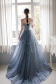 Charming BlueTulle Beaded Long A-Line Prom Dress, Blue Straps Party Dress