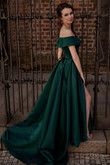 Dark Green Satin Long A-Line Prom Dress, Off the Shoulder Evening Dress with Slit
