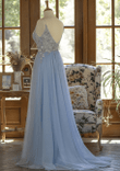 Blue Spaghetti-Straps Lace Appliques Tulle Prom Dress, A-Line Party Dress