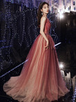 Red Gradient Tulle Beaded A-line Formal Dress, Red Evening Dress Party Dress