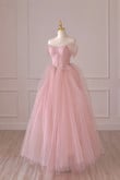 Cute Pink Tulle Lace Long Prom Dress, A-Line Off Shoulder Pink Party Dress