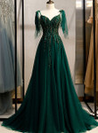 Dark Green V-Neck Lace Long Prom Dress, A-Line Spaghetti Straps Evening Dress