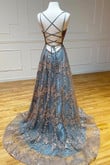 Grey Tulle Sequins Long Prom Dress, V-Neck Backless Evening Dress