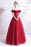 Red Tulle Off the Shoulder Long Prom Dress, A-Line Floor Length Party Dress