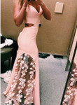 Pink V-neckline Mermaid Long Prom Dress with Flowers, Mermaid Pink Floral Evening Dress