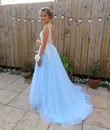 Blue Tulle with White Lace V-neckline Party Dress,Blue Evening Dress