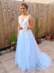 Blue Tulle with White Lace V-neckline Party Dress,Blue Evening Dress