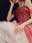 Gradient Tulle Sweetheart Beaded Straps Prom Dres, Red Long Formal Dress