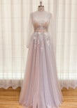 Elegant Flower Lace Pink Party Dres,s Sexy V Neck Evening Dress Backless Tulle Prom Dress