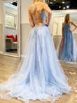 Blue Tulle Long Party Dress with Lace Applique, Lace-up Back Prom Dress