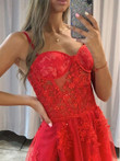 Red Sweetheart Tulle with Lace Long Party Dress, Red Evening Prom Dress