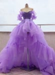 Purple Organza Off the Shoulder High Low Prom Dress, High Low Purple Formal Graduation Dress