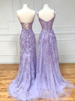 Light Purple Lace Prom Dresses, Long Purple Lace Formal Evening Dresses