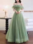 Light Green Tulle Off Shoulder Shiny Tulle Party Dress, Green Long Prom Dress