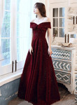 Wine Red off Shoulder Prom Dress, Long Elegant Bridal Gown Sparkly Velvet Party Dress