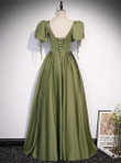 Green Satin A-line Puffy Sleeves A-line Prom Dress, V-neck Simple Long Formal Party Gown