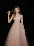 Pink Tulle Lace Beaded Off Shoulder Prom Dress, Pink A-line Party Dress