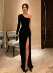 Black Velvet Long Prom Dress, One Shoulder Black Velvet Long Formal Dress