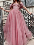 Pink Tulle Off Shoulder Purple Long Prom Dresses, Pink Formal Dresses