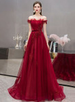 Wine Red Off Shoulder Tulle with Lace Long Formal Dress, Wine Red Prom Dress