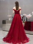 Wine Red Off Shoulder Tulle with Lace Long Formal Dress, Wine Red Prom Dress