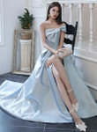 Blue Satin Long Prom Dress with Bow, A-line Blue Satin Party Dress