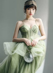 Green Tulle Sweetheart Long Formal Dress, Green Low Back Prom Dress