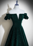 Dark Green Velvet Off Shoulder Long Party Dress, Green A-line Prom Dress