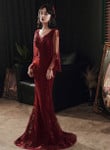 Wine Red Mermaid Long Prom Dress with Lace, V-neckline Prom Dress