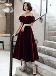 Wine Red Velvet Tea Length Off Shoulder Party Dress, Wine Red Bridesmaid Dress
