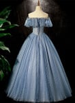 Shiny Blue Off Shoulder Beaded Long Party Dress, Blue A-line Prom Dress