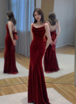 Wine Red Velvet Long Party Dress, Mermaid Open Back Long Prom Dress
